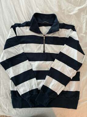 Brandy Melville Navy and White Striped Quarter Zip Pullover, One Size